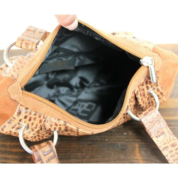 CB Pelletterie BROWN CROCO EMBOSSED GENUINE LEATHER ZIP TOP SMALL HANDBAG PURSE - Picture 8 of 9